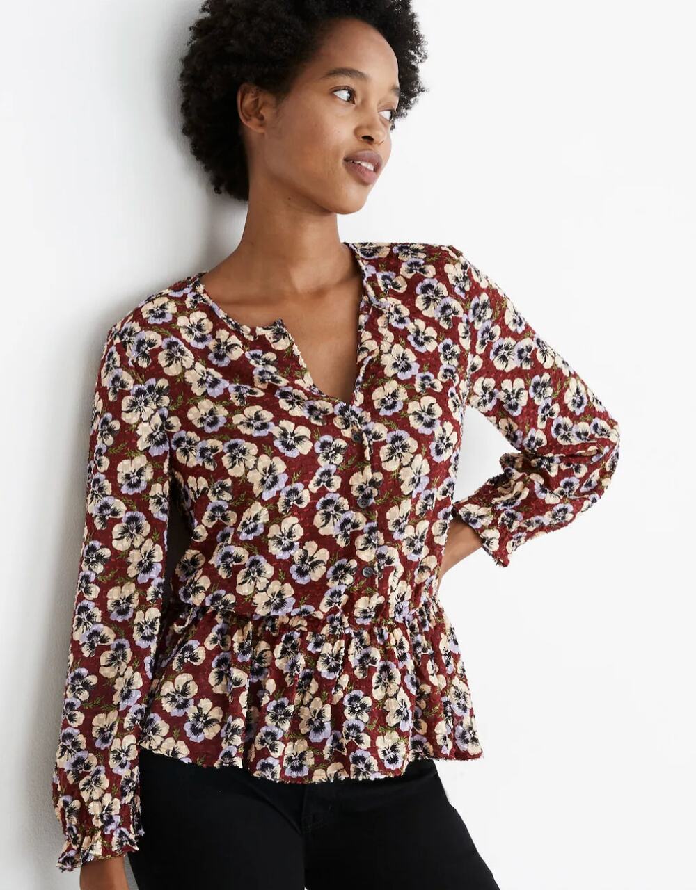 Madewell Drawstring Ruffle-Hem Blouse Top Viola Floral Burgundy Long Sleeve XS
